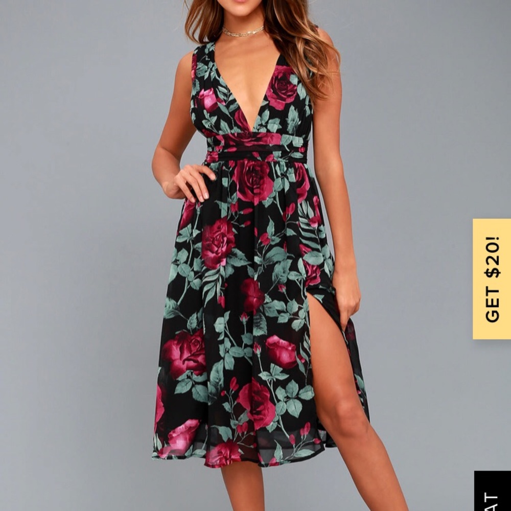 Lulus Black and burgundy floral print midi dress